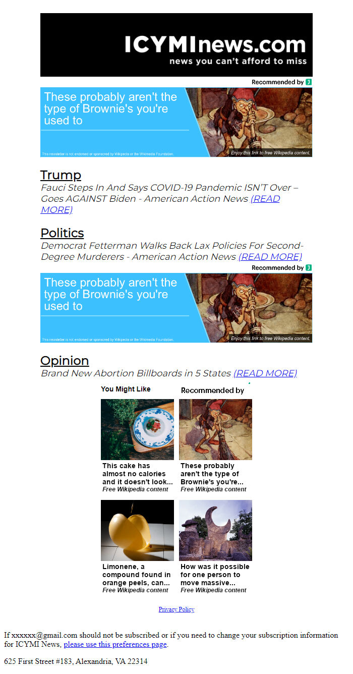 Screenshot of the email generated on import