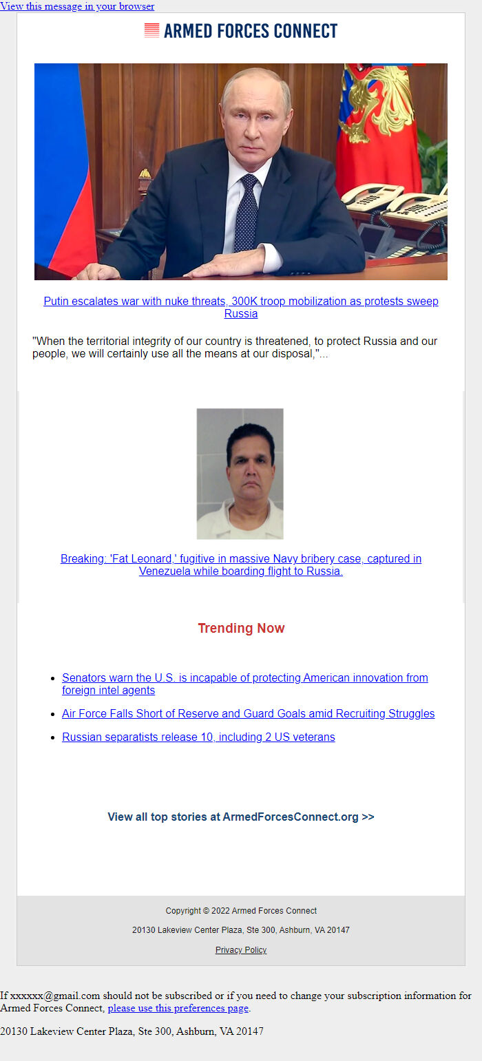 Screenshot of the email generated on import