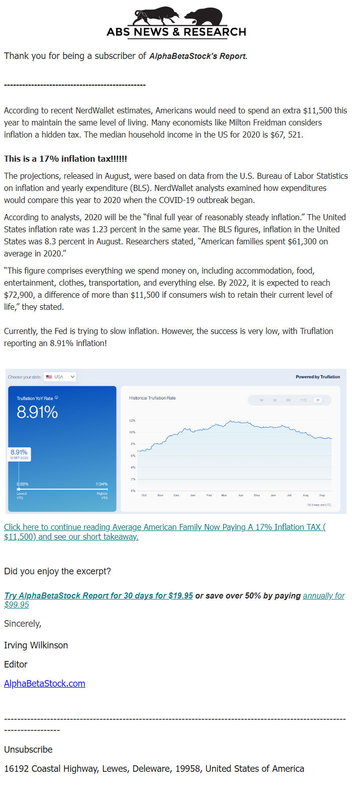 Screenshot of the email generated on import