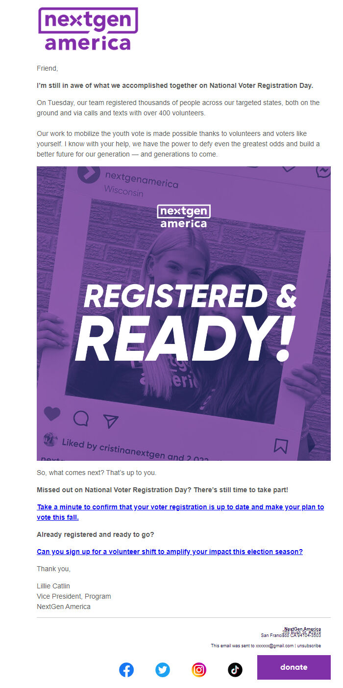 Screenshot of the email generated on import