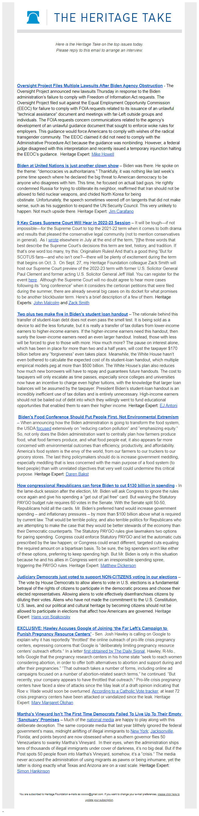 Screenshot of the email generated on import