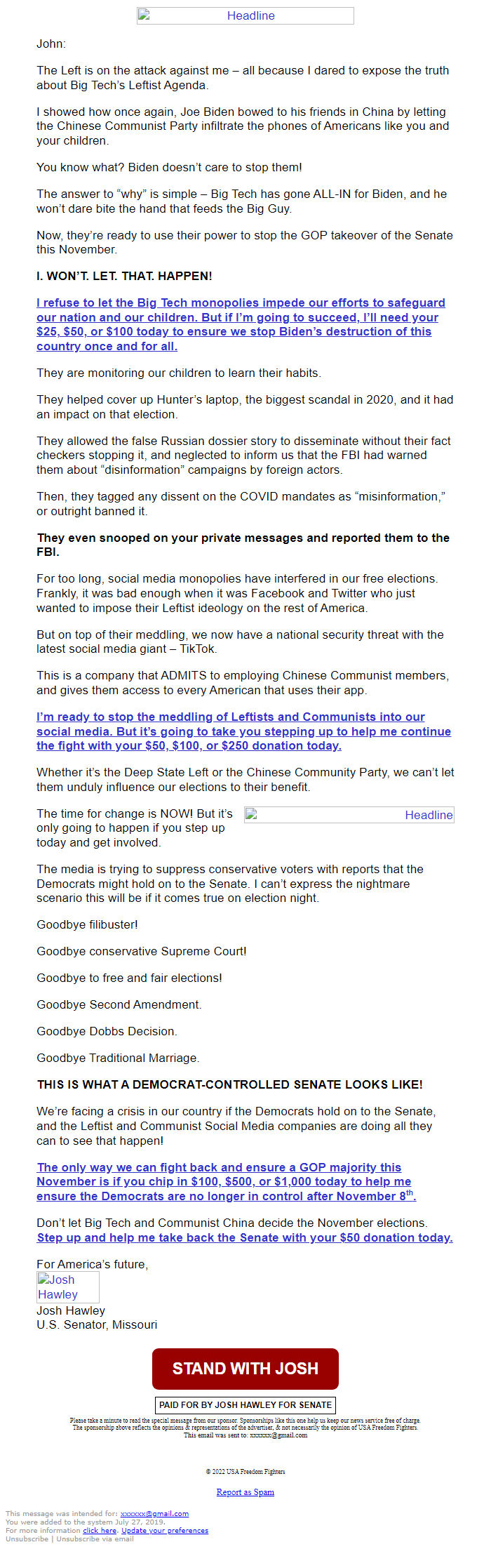 Screenshot of the email generated on import