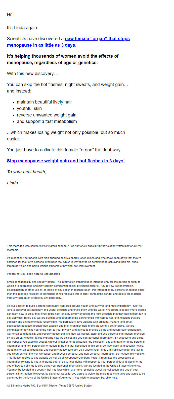 Screenshot of the email generated on import