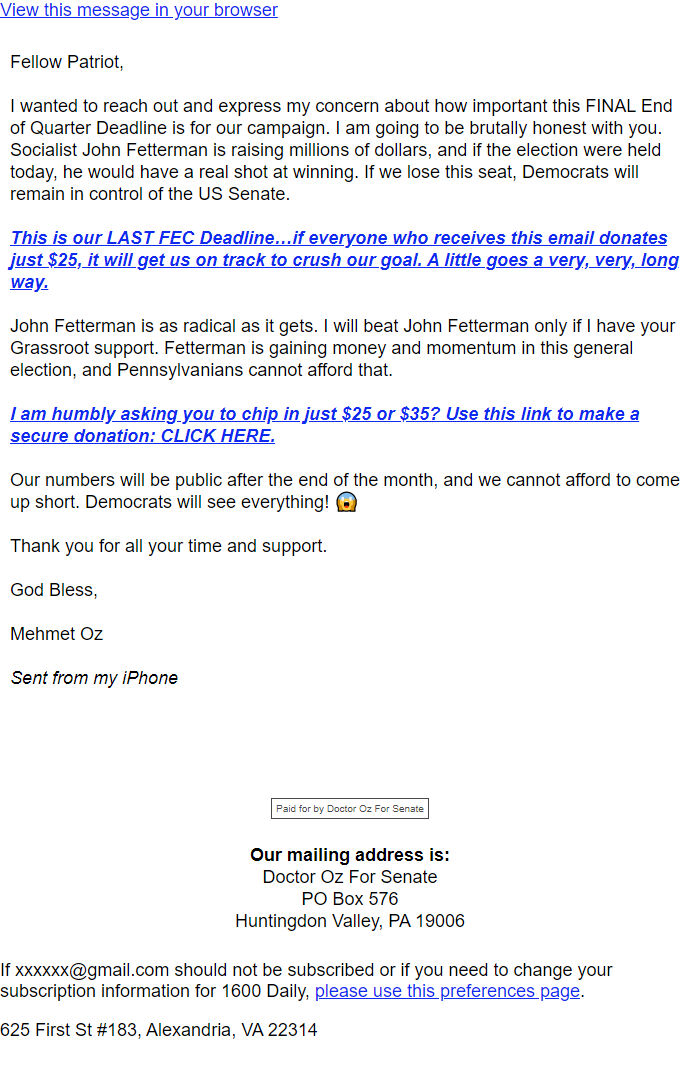 Screenshot of the email generated on import