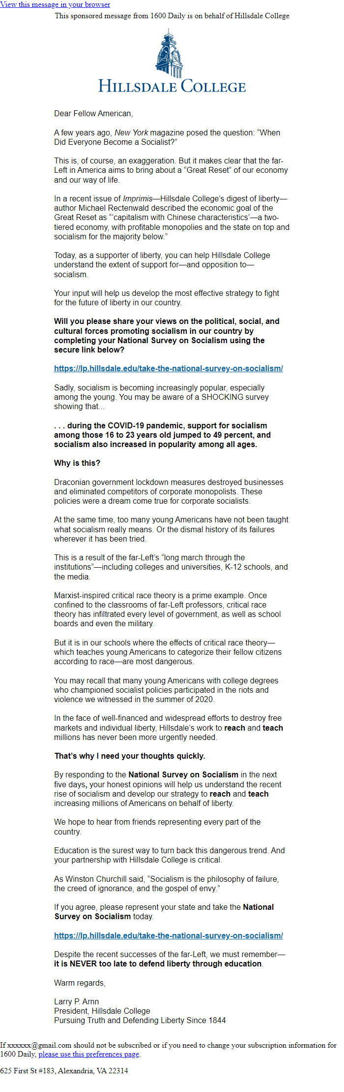 Screenshot of the email generated on import