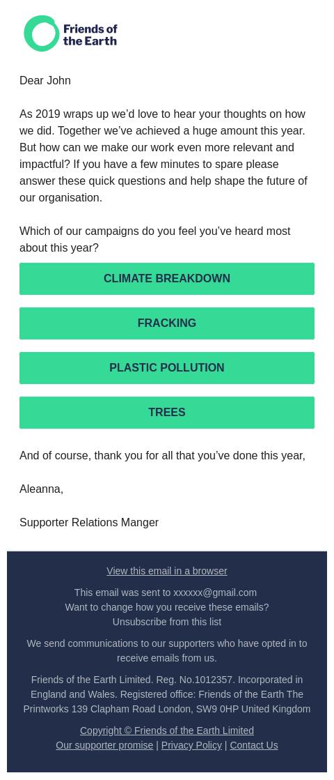 Screenshot of the email generated on import