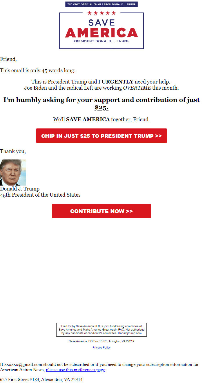 Screenshot of the email generated on import