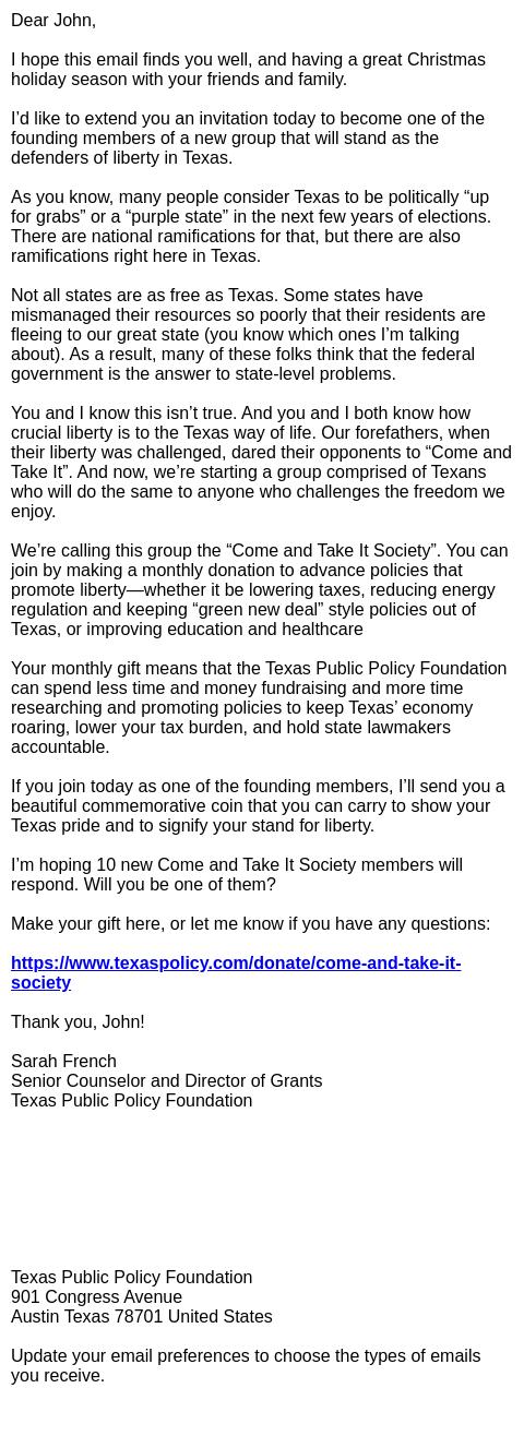 Screenshot of the email generated on import