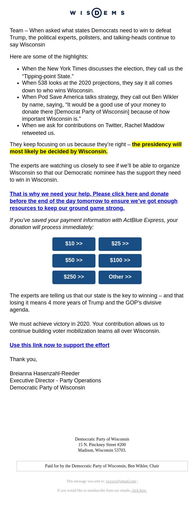 Screenshot of the email generated on import
