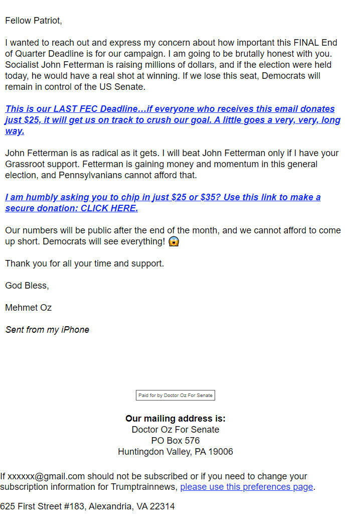 Screenshot of the email generated on import