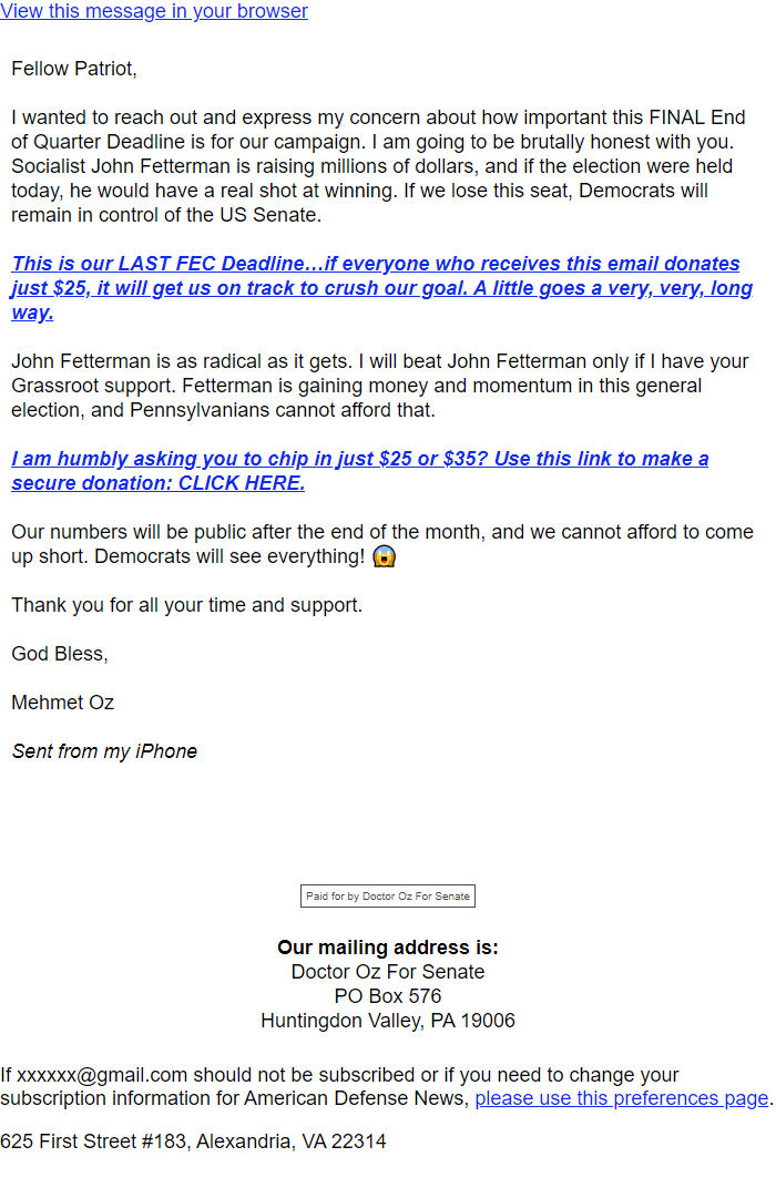 Screenshot of the email generated on import