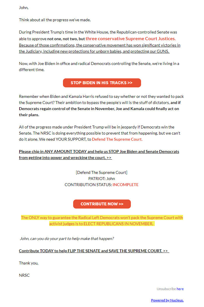 Screenshot of the email generated on import