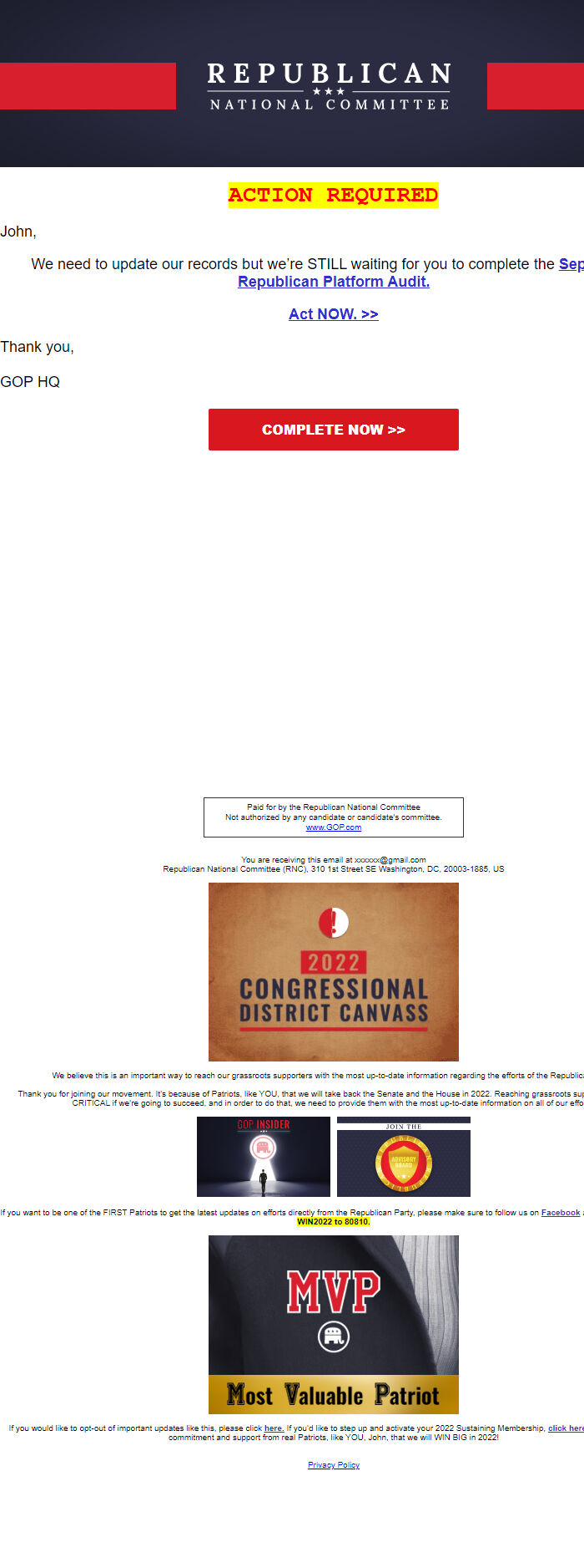 Screenshot of the email generated on import