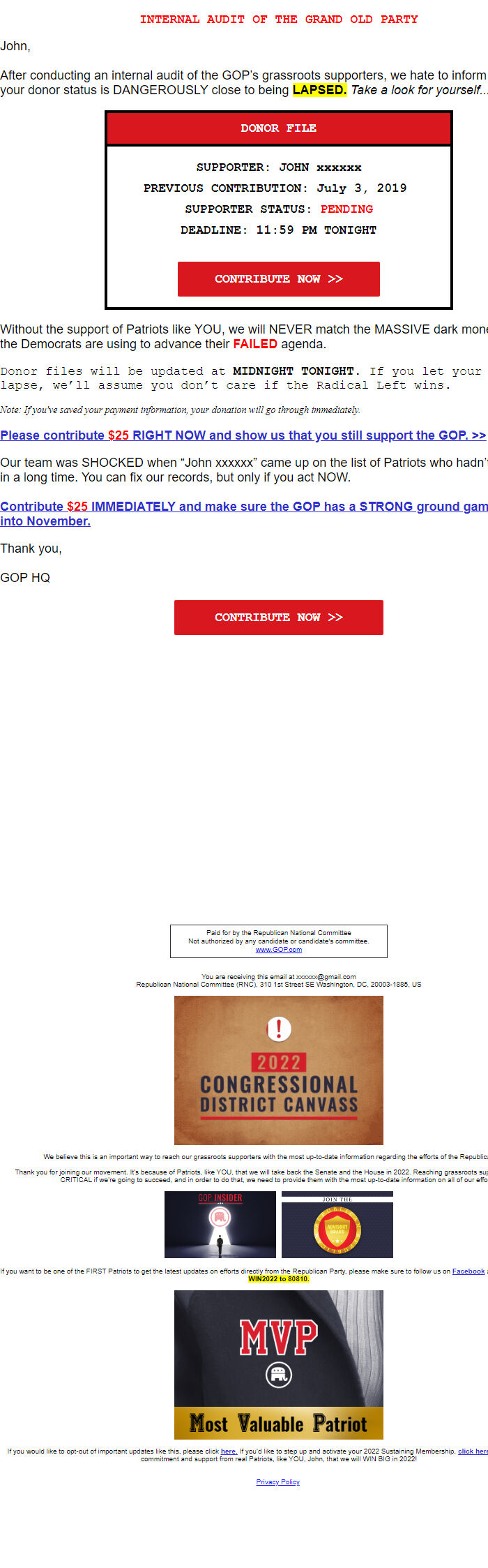 Screenshot of the email generated on import