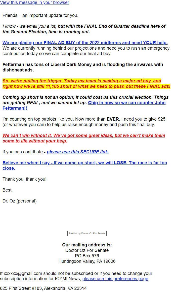 Screenshot of the email generated on import