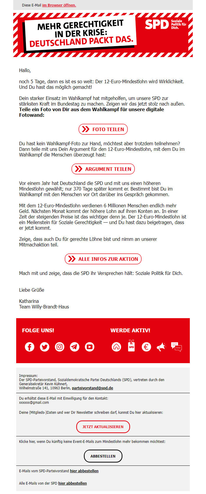 Screenshot of the email generated on import