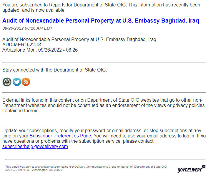 Screenshot of the email generated on import