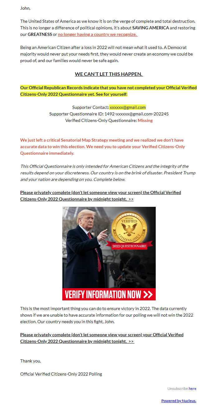 Screenshot of the email generated on import