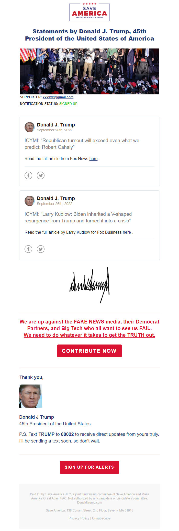 Screenshot of the email generated on import