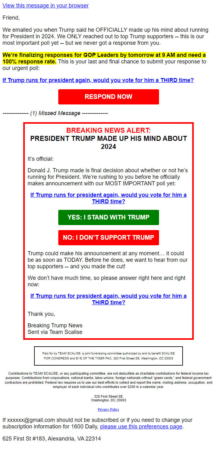 Screenshot of the email generated on import