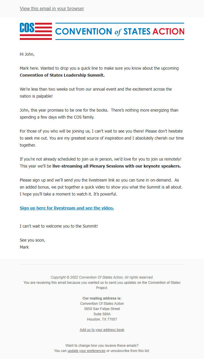 Screenshot of the email generated on import