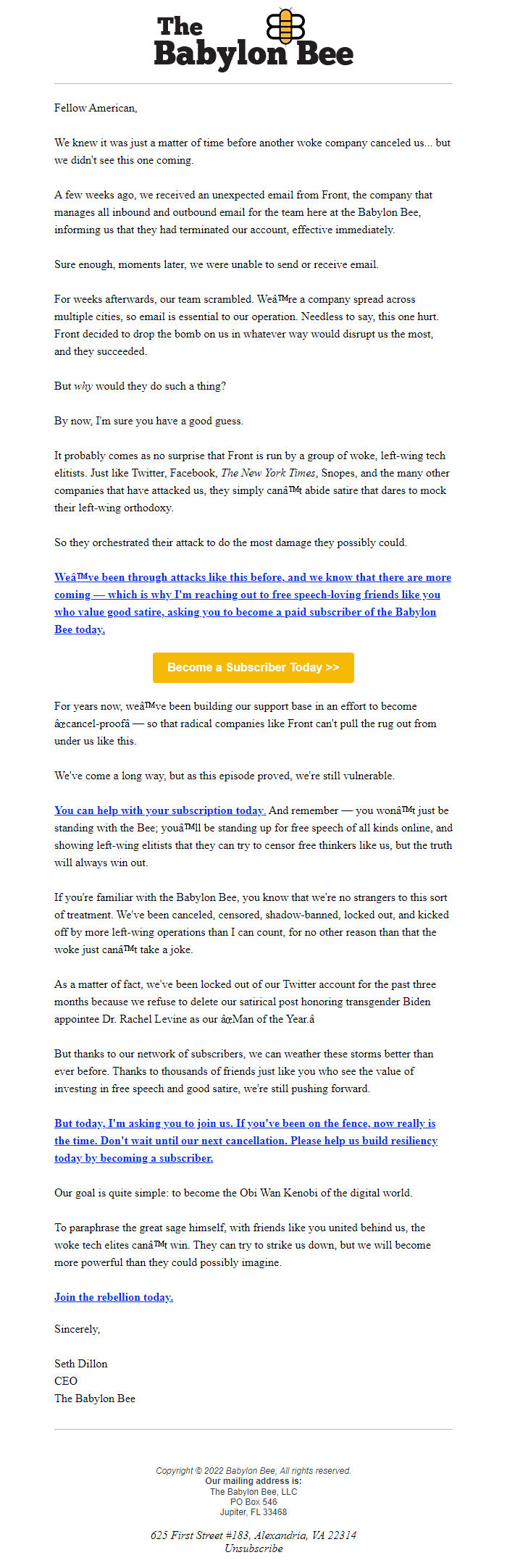 Screenshot of the email generated on import