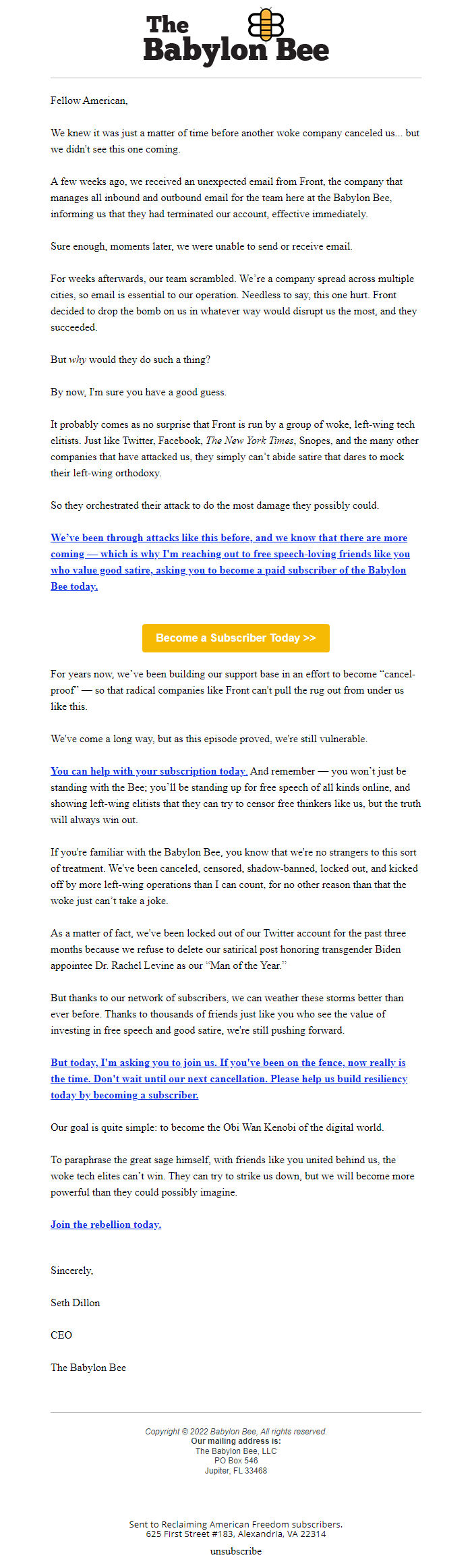 Screenshot of the email generated on import