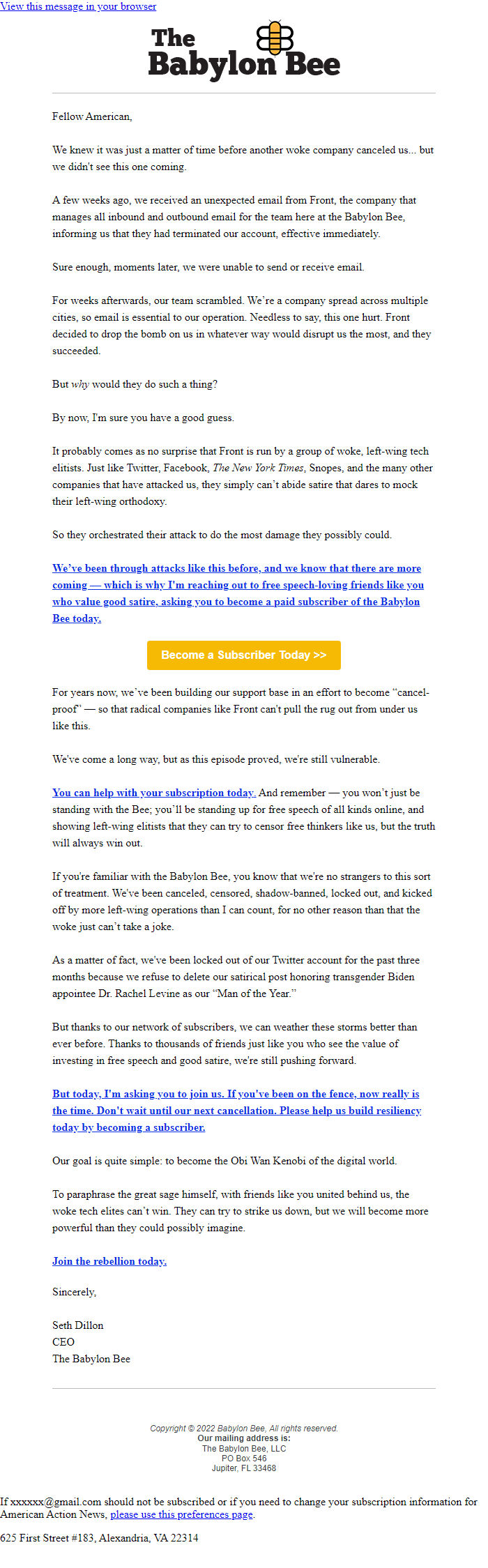 Screenshot of the email generated on import