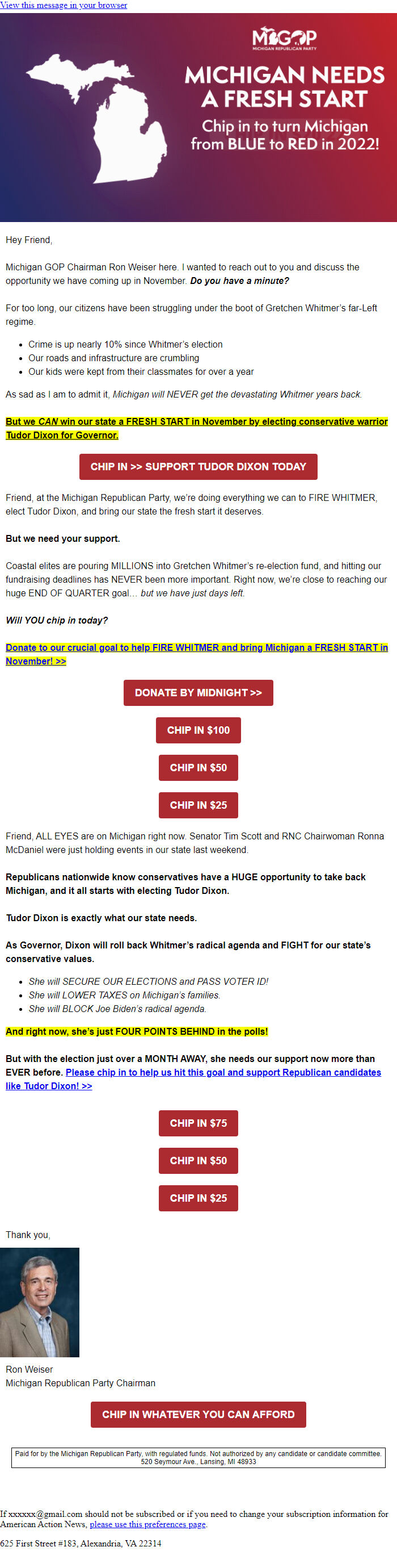 Screenshot of the email generated on import