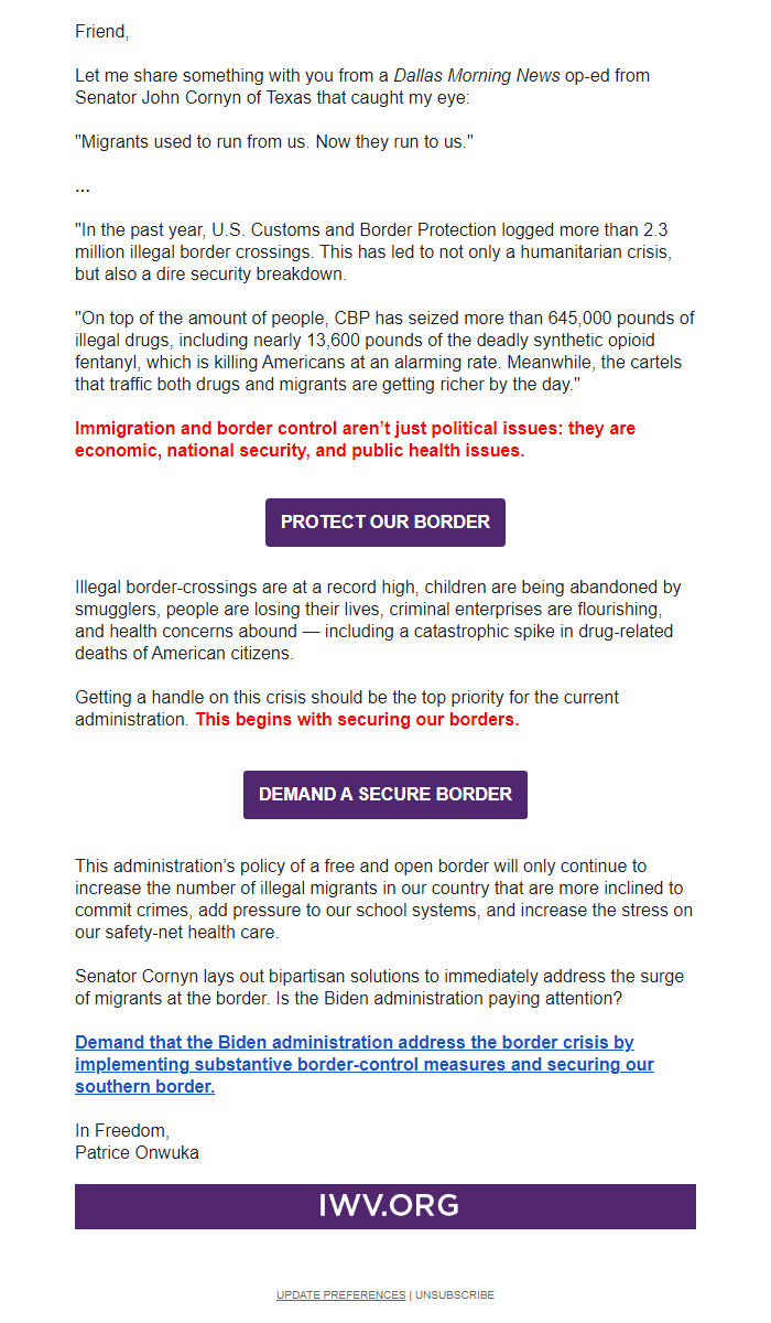 Screenshot of the email generated on import