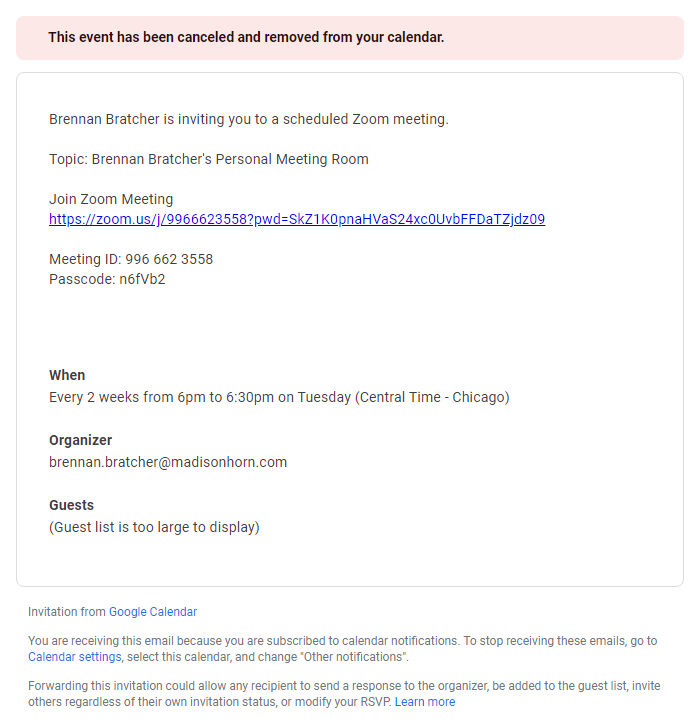 Screenshot of the email generated on import