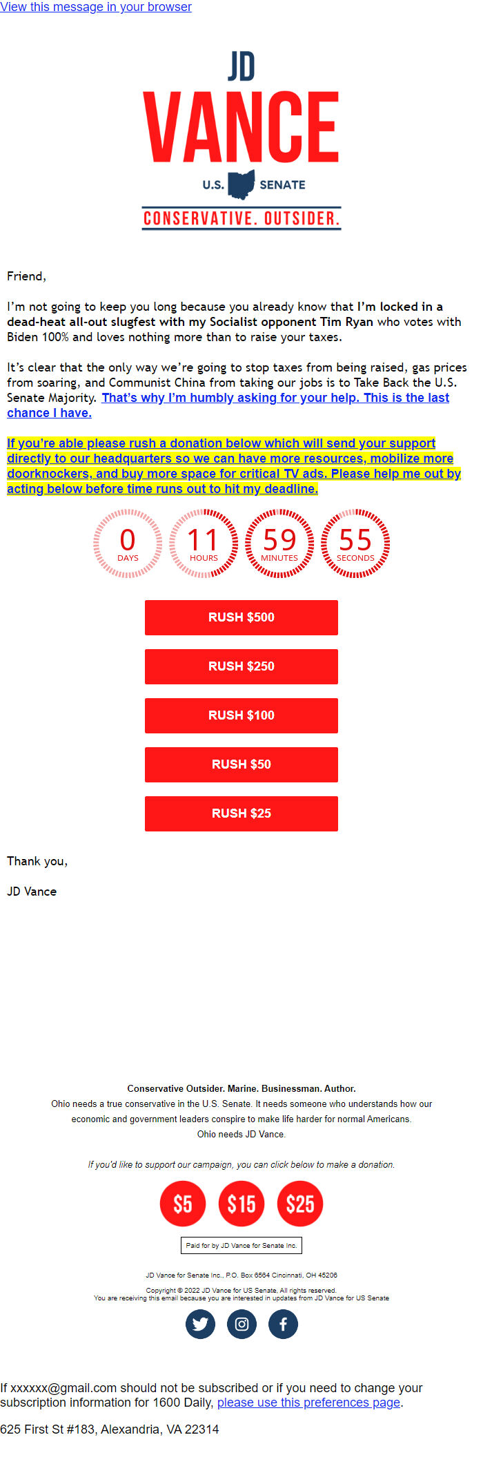 Screenshot of the email generated on import