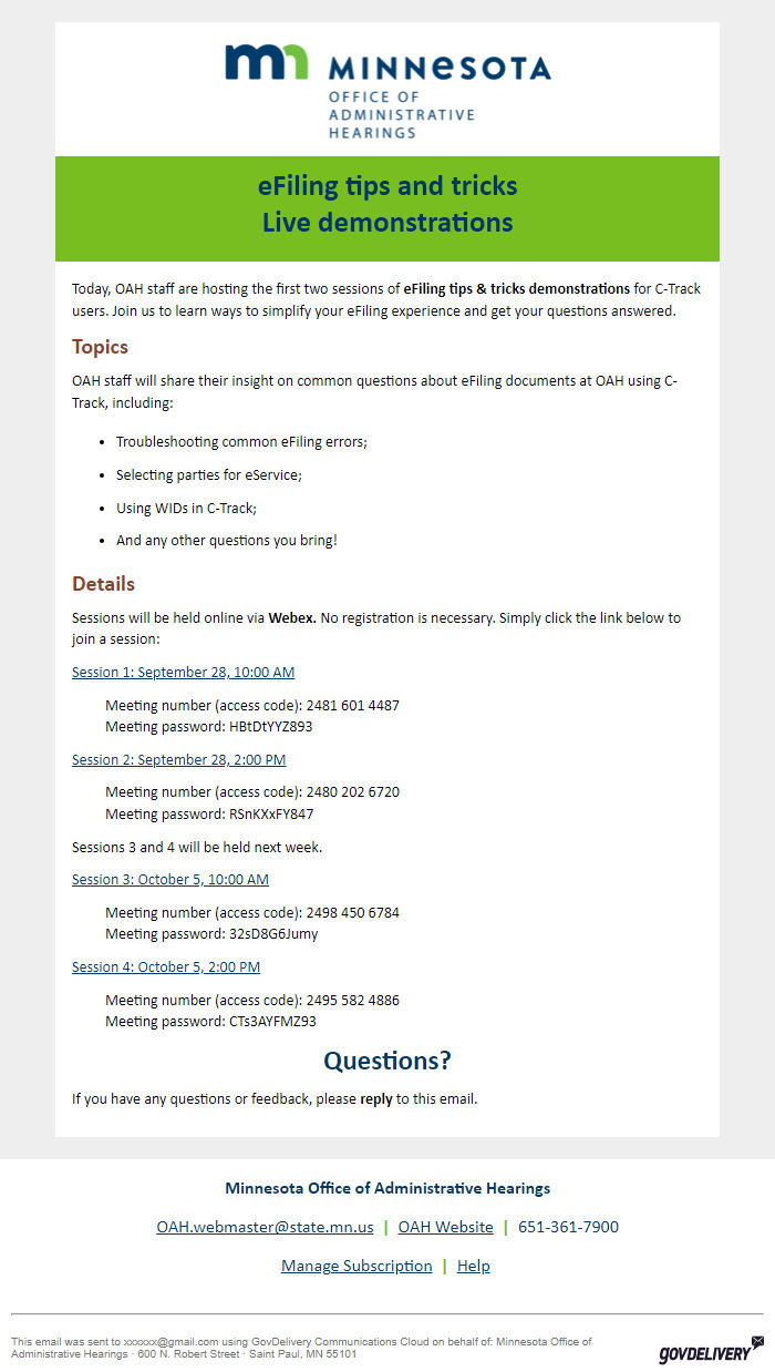 Screenshot of the email generated on import