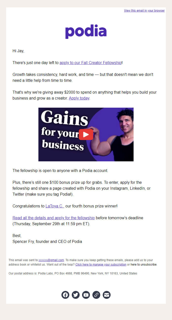 Screenshot of the email generated on import