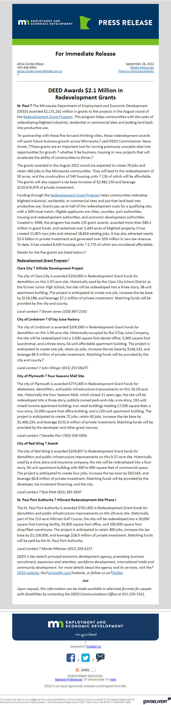 Screenshot of the email generated on import