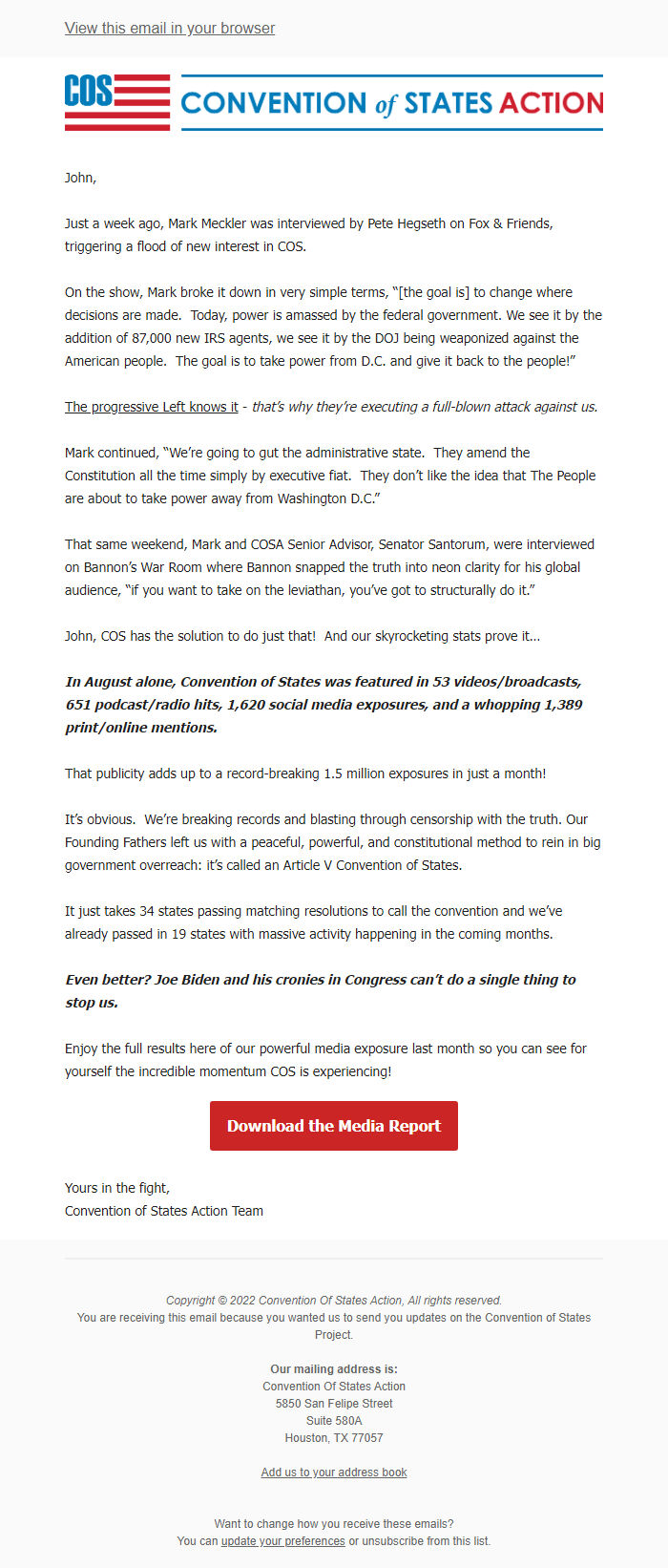 Screenshot of the email generated on import