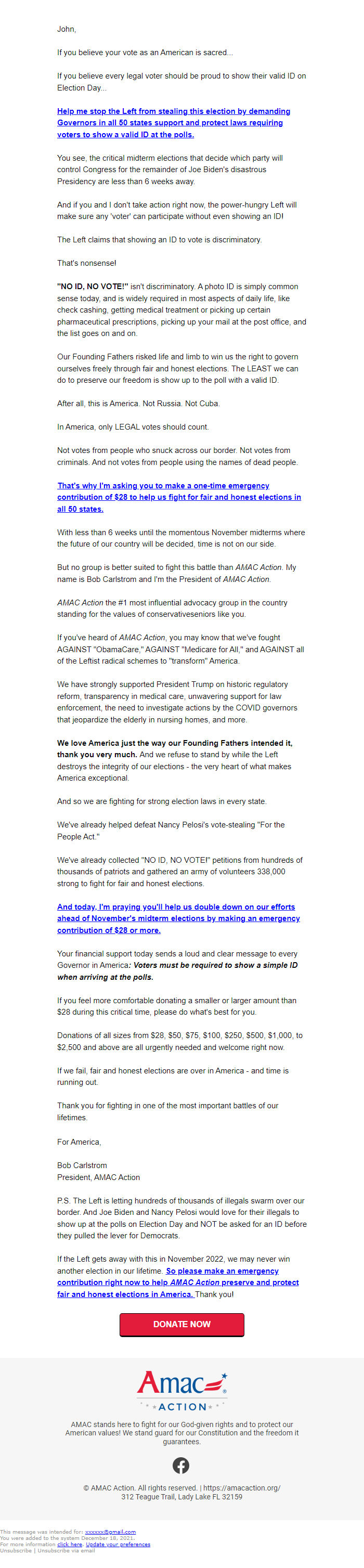 Screenshot of the email generated on import