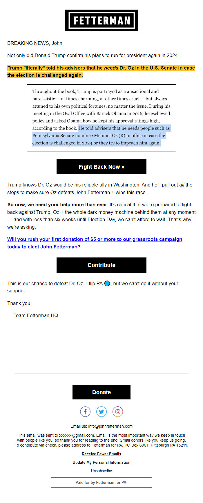 Screenshot of the email generated on import