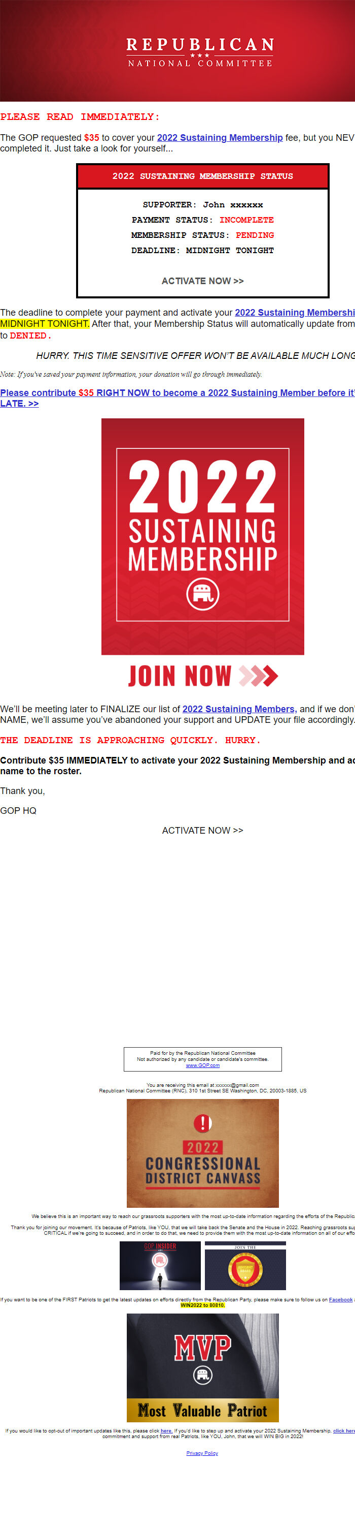 Screenshot of the email generated on import