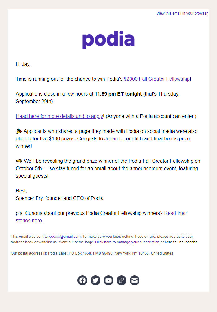 Screenshot of the email generated on import