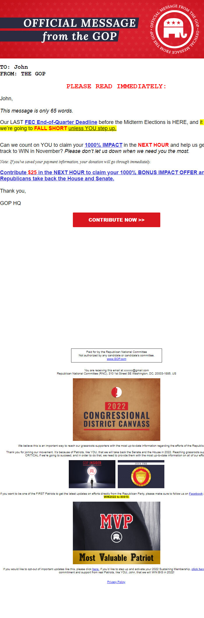 Screenshot of the email generated on import