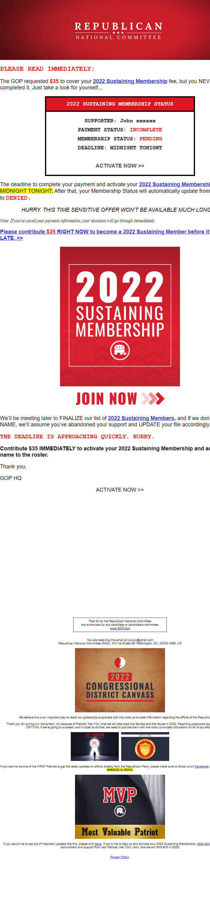 Screenshot of the email generated on import