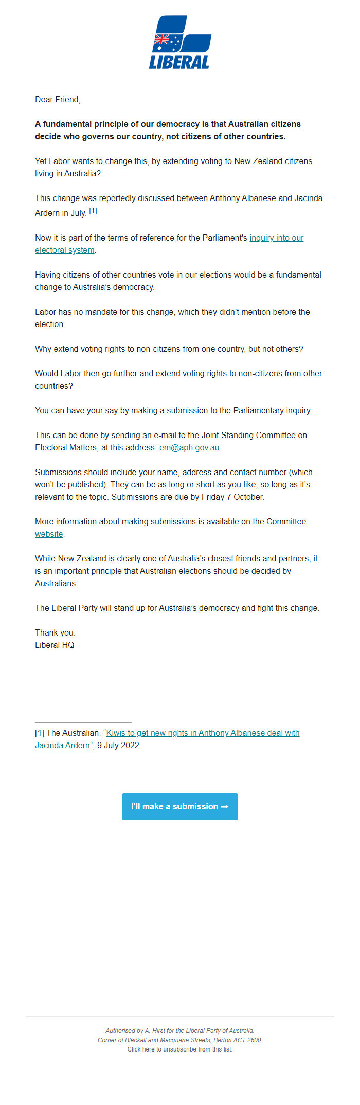 Screenshot of the email generated on import