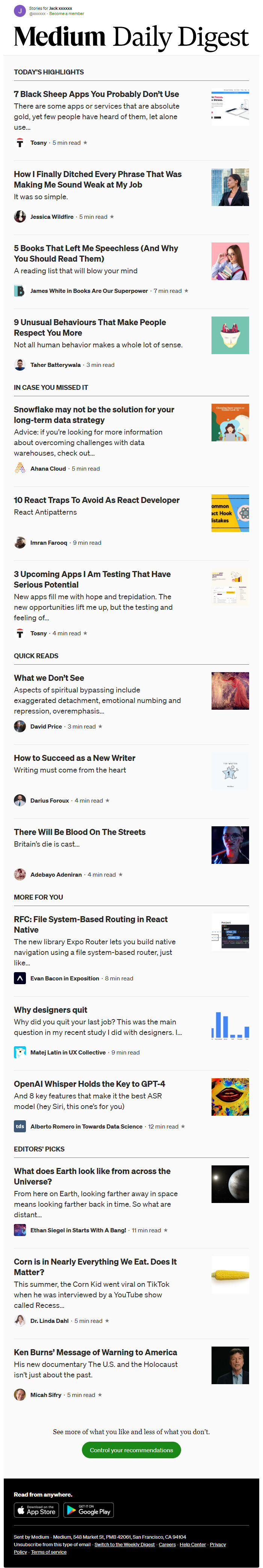 Screenshot of the email generated on import