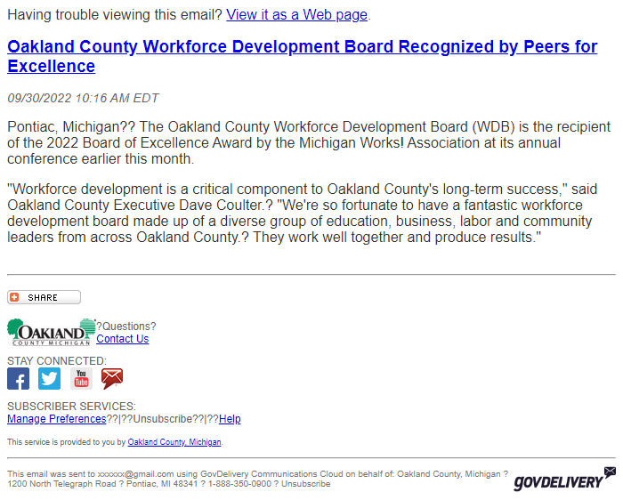 Screenshot of the email generated on import
