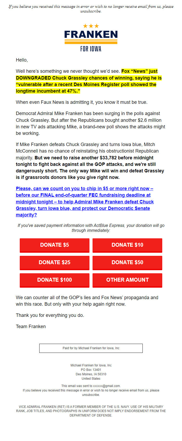 Screenshot of the email generated on import