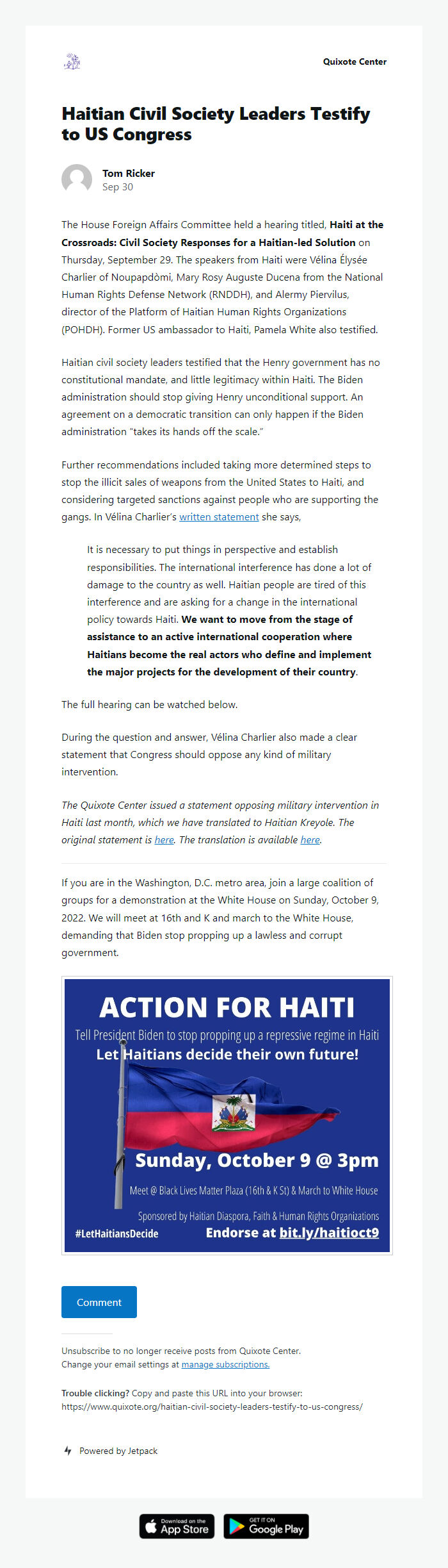 Screenshot of the email generated on import