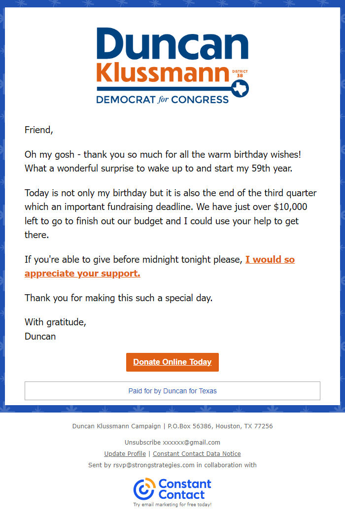 Screenshot of the email generated on import