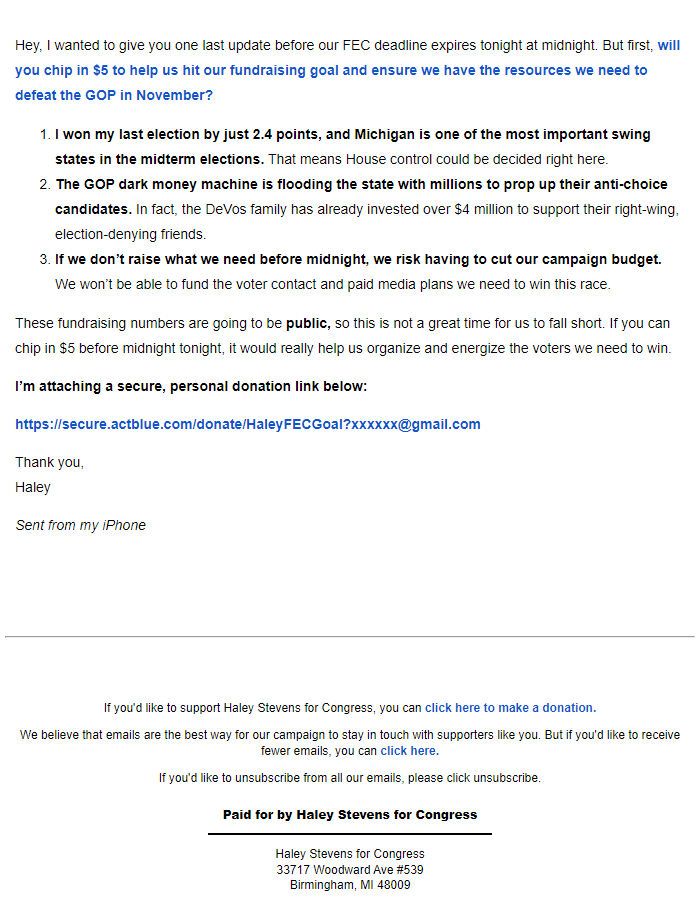 Screenshot of the email generated on import