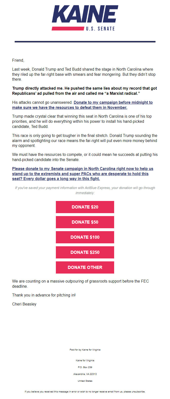 Screenshot of the email generated on import